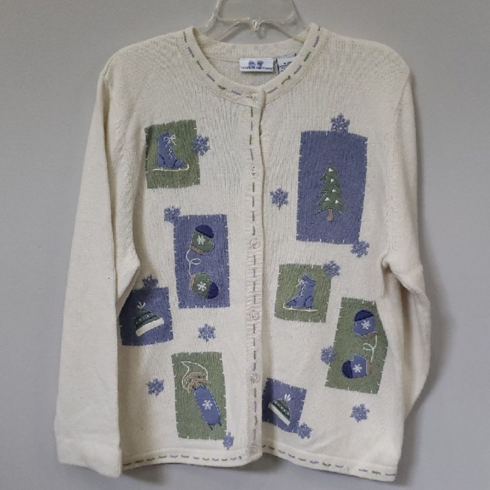 Croft & Barrow Sweater Womens XL Cream and Blue Cardigan Winter Wonderland Artsy
